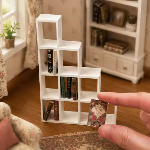 Miniature Staircase Bookshelf Set, Including 8 Random Retro Mini Model Books, White Multi Grid Hollo