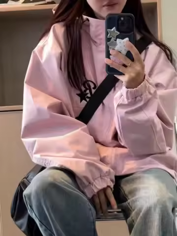 HOUZHOU Korean Style Gorpcore Pink Track Jackets Women Hippie Y2K Oversize Zipper Windbreaker Jacket