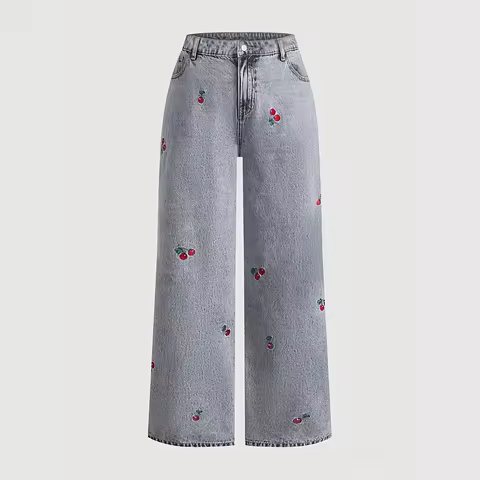 Vintage Red Cherry Blossom Embroidery Y2k Jeans Baggy High Waisted Jeans Ladies Denim Woman Pants Sh