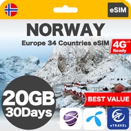 eSIM Norway & Europe 34 Countries Unlimited Data 挪威&欧洲34国流量eSIM | eTravel