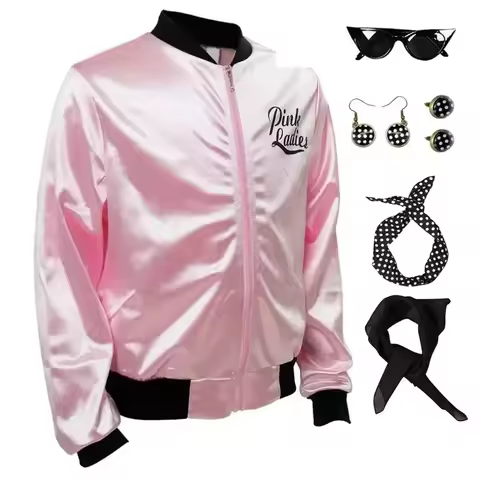ABC123Cosplay Ladies Grease Costume Retro Jacket Fancy Cheerleader Adult Women Girls Pink Autumn Coa