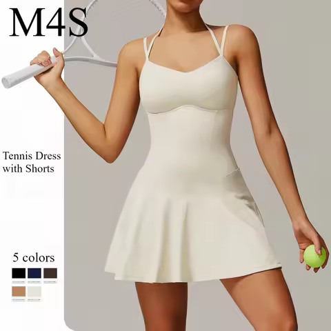 Tennis Dress with Shorts Underneath Pockets Strap Dress Sporting Tennis Outfit Women Gold Wear Sport