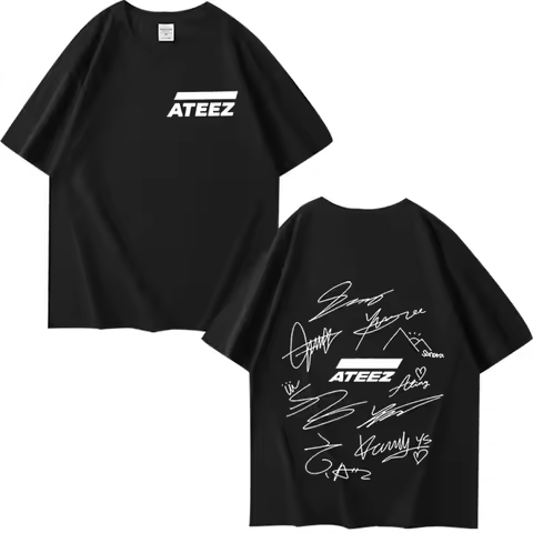 ATEEZ World Tour with Band Member Signatures & Geometric Back Print T Shirt men women Summer Unisex 