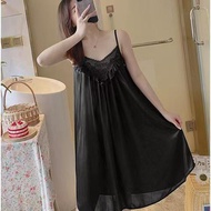 APM Womens Ice Silk Lace Nightdress Plain Color Baju Tidur Wanita