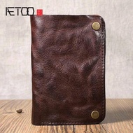 Original vintage pleated leather vertical wallet Men's short first layer leather wallet zipper small card package