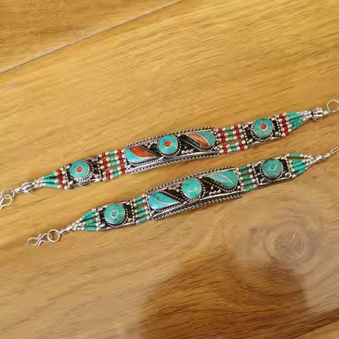 BR067 Handmade Nepal Jewelry Copper Inlaid Turquoises Beads 17mm Wide Woman Cuff Bracelet New Arriva