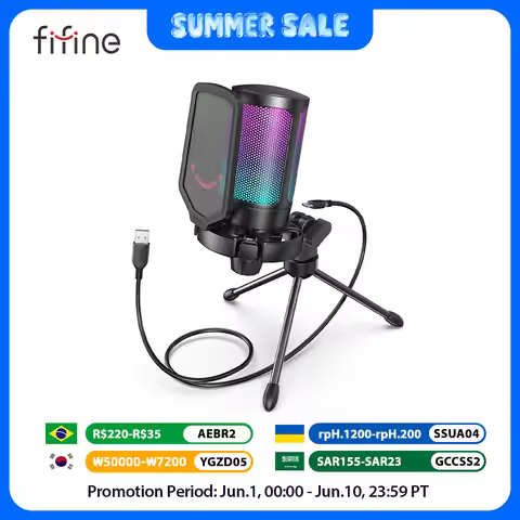 FIFINE USB Condenser Gaming Microphone, for PC PS4 PS5 MAC with Pop Filter Shock Mount&Gain Control 