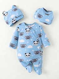 SHEIN 夏季新款3入組寶寶男孩可愛的考拉和熊貓印花長袖連腳套、帽子和圍兜家居服