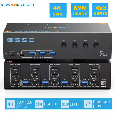 KVM Switch 1/3 Monitors 4 Computers 4K@60Hz,HDMI Displayport KVM Switch Triple Monitor for 4 PC Shar
