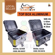 MAGIC BOY TOP BOX ALUMINIUM BIG 45L BLACK SLIVER BIG BIKER MOTORCYCLE BOX SOLID METAL BUCKLE