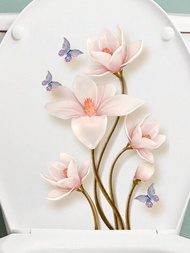 1張中式優雅花蝴蝶貼紙,適用於馬桶蓋,浴室防水自粘貼紙
