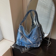 Beg Gaya Biker Denim yang Dicuci dengan Gaya Vintage untuk Wanita, Beg Silang Badan Kasual Baru, Beg