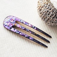 髮飾+木頭+樹脂+紫色+珍珠母貝+手工製作