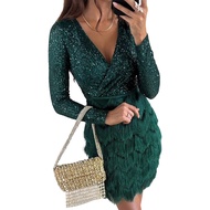 Women Glitter Sequin Party Dress Long Sleeve Deep V-Neck Corset Mini Dress Fall Winter Cocktail Gala