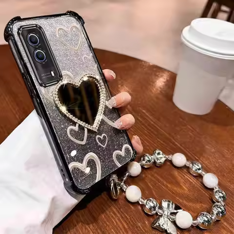 Airbag Wrist Strap Glitter Love Heart Mirror Phone Case On For Vivo Y30 Y30i Y31 Y31S Y33 Y50 Y51 Y5