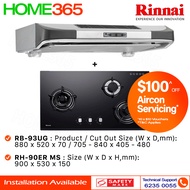 Rinnai Slimline Hood 90cm RH-90ER MS &amp; Built-In Hob RB-93UG - LPG/ PUB