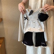 [RJ] 90-140CM Girls' T-Shirt Spring Middle Small Children Baby Bow Fake Two-Piece Long-Sleeved Top F