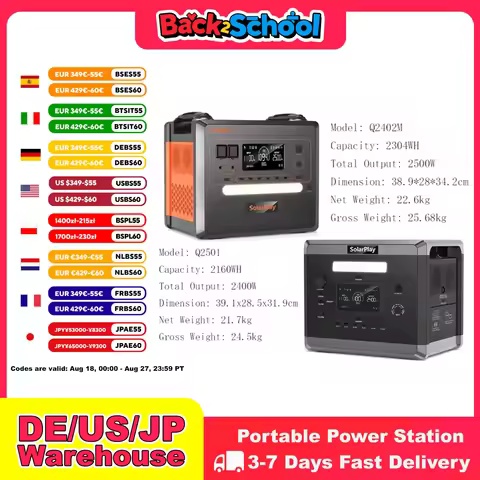 SOLARPLAY Q2501 Q2402M Portable Power Station 2160WH 2304WH LiFePO4 Battery with 2400W/2500W (4800W 