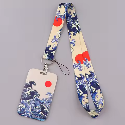 ER511 Blue Waves Painting Art Buckle Lanyard Credit Card ID Holder Bag Student Travel Bank Bus Busin