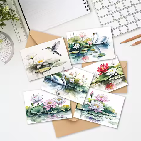 24pcs Watercolor Style Lotus & Animal Greeting Cards Set with Envelopes, DIY Invitation Cards, Multi