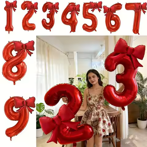 2pcs 32inch Red Number Digital 0-9 Balloon with Red Bowknot Foil Balloons for Birthday Party and Ann