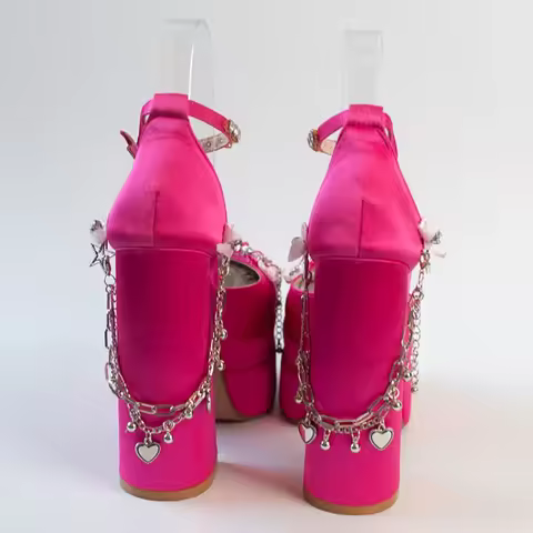 2024 Newest Metal Chain Pink Sandals 15cm High Heel Fashion Lolita Lace Satin Princess Birthday Danc