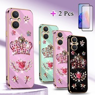 2 IN 1 For OPPO Reno 7Z 5G Reno 8Z 5G Phone Case Traight Edge Electroplated Plating DIY Cute Stickers With Ceramic Protector Screen