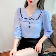 เสื้อเชิ้ตคอตุ๊กตาฤดูร้อนสำหรับผู้หญิงเสื้อหวานสไตล์เกาหลีแขนโคมไฟเสื้อผ้าชีฟองใหม่