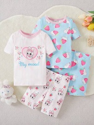 緊身貼合嬰兒女寶可愛兔子圖案圓領短袖上衣和短褲，家庭服飾休閒2件套裝