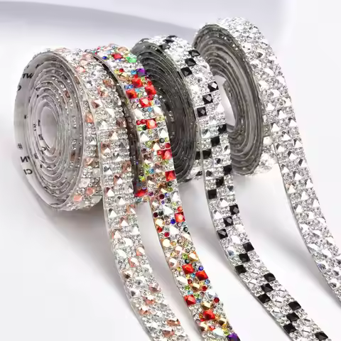 3 yards Glitter 4mm Square+2mm Rhineston Trim Self Adhesive Glass Crystal Ribbon Sticker DIY Cars Ho