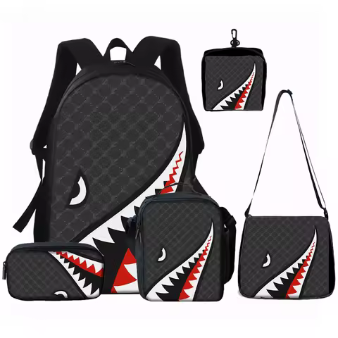 1/2/3/4/5PCS Trendy Shark Graphic Backpack Set | Perfect for School & Daily Adventures