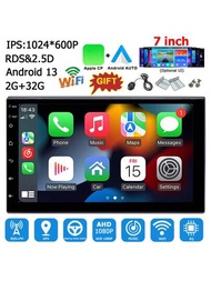 2Din Android 13 車用無線多媒體影音播放器，支援無線 Apple CP 和 Android Auto，7吋普及型RDS+FM 自動音訊GPS導航，IPS高清觸控屏幕，2Din車用收音機 Wifi USB，2GB+32GB