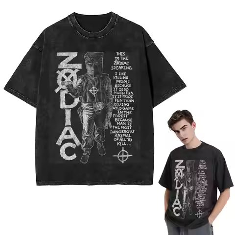 Streetwear T-Shirts Zodiac,David Fincher,Crime,Serial Killer Washed T Shirt Short Sleeve Hip Hop T-S