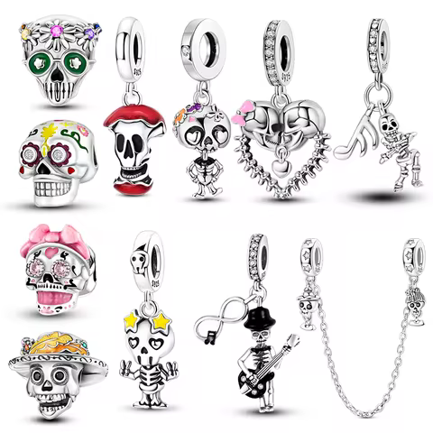 New Original Charm Beads 925 Sterling Silver Apple Skull Guitar Dangle For Bracelet Women Girl Fine 