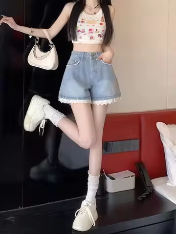 Lace Wide Female Short Jeans Pants Design Youthful Cheap Jorts Normal Casual for Summer Wholesale Kp
