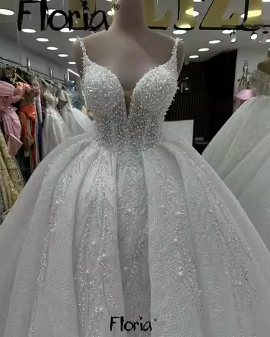 Ball Gown White Straps Wedding Dress Sweetheart Pearls Luxury Bridal Gowns 2025 Princess Wedding Gow