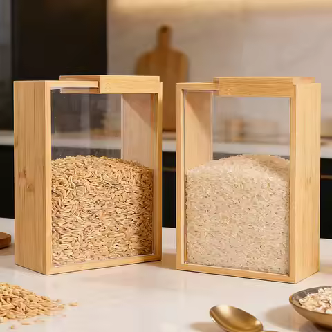 D9 1Pcs Bamboo Cereal Rice Storage Boxes with Sliding Wood Lid 100oz/3L Food Beans Storage Container