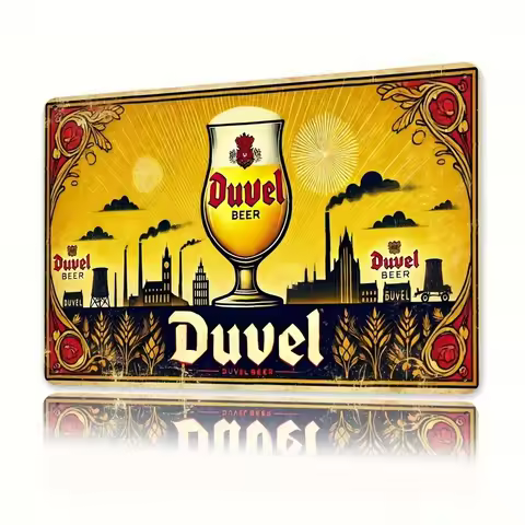 Duvel Beer Vintage Metal Sign - Retro Cityscape & Beer Glass Design, , Perfect for Home, Bar, Cafe, 
