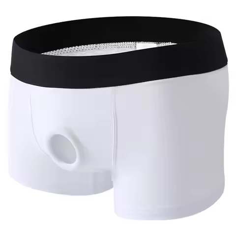 Men Underpants Open Pouch Hole Boxer Shorts Cockring Panties Cock Silicone Ring Cotton Underwear Box