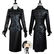 Cruella De Vil Cosplay Costume Top Skirt Black Suit Kuila Half Black Half White Short Curly COS Wig