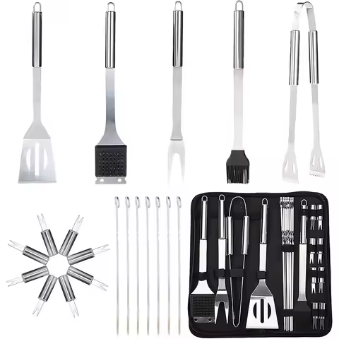 LMETJMA Camping BBQ Grilling Tools Set Stainless Steel BBQ Accessories Grill Tools Set with Portable