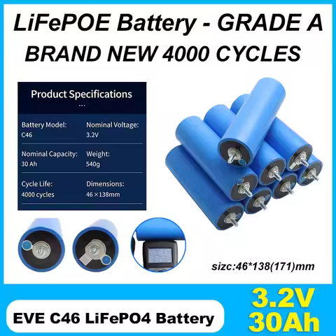 EVE C46 - 3.2V 30Ah LiFePO4 Battery, 3C Discharge, for DIY 12v 24V E-Scooter Tool Solar Power System