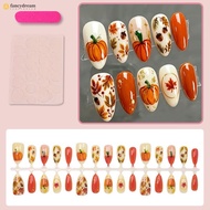 30Pcs Halloween Pumpkin Fake Nails - 3D Maple Leafs Autumn Wearable Nails
