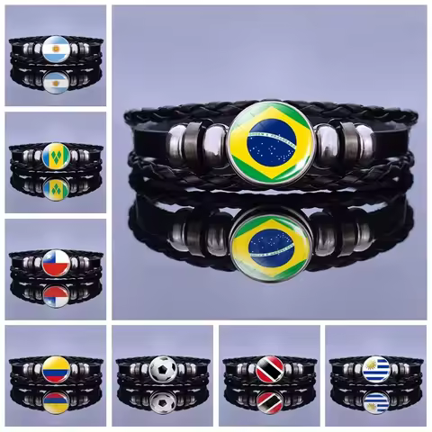 South America Country Flag Leather Bracelet Brazil Argentina Chile Colombia Flag Braided Bracelet So