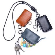 Minimalist Small Wallet Zip Coin Purses Cowhide Hanging Neck Keyring Coin Holders With Lanyard