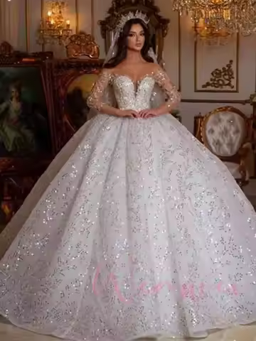 Customized Luxury Ball Gown Royal Glitter Wedding Dress Sweetheart Long Sleeve Robe De Mariee Lace S