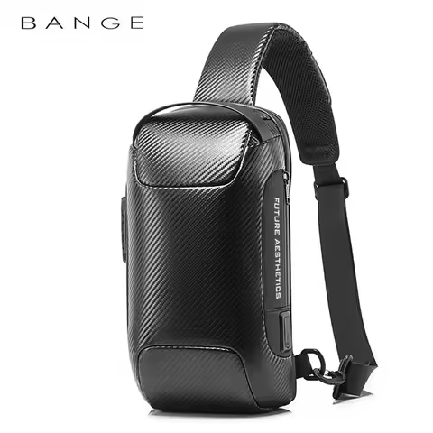BANGE Upgraded Men Waterproof Multifunction Carbon Fiber Pattern Crossbody Bag USB Sling Shoulder Ba