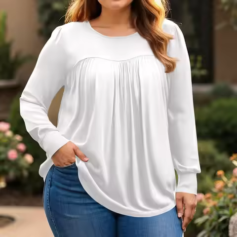 Plus Size Long Sleeved Tops Women's Spring and Autumn Round Neck Front Pleated Flowy Tunic Solid Col