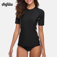 【Special offer】 Anfilia Women Short Sleeve Rashguard Swimsuit Floral Print Running Shirt Biking Shirt Surfing Swimwear Rash Guard Upf 50