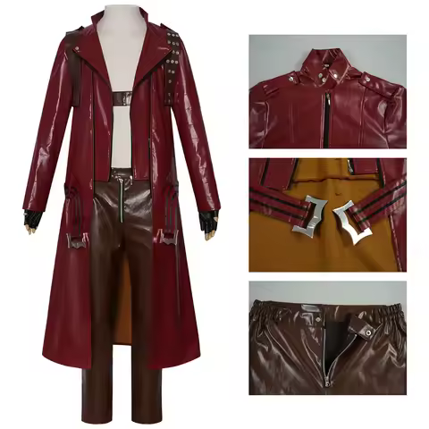 Demon Hunter Inspired Cosplay Costume, Red Leather Trench Coat with Brown Pants & Accessories